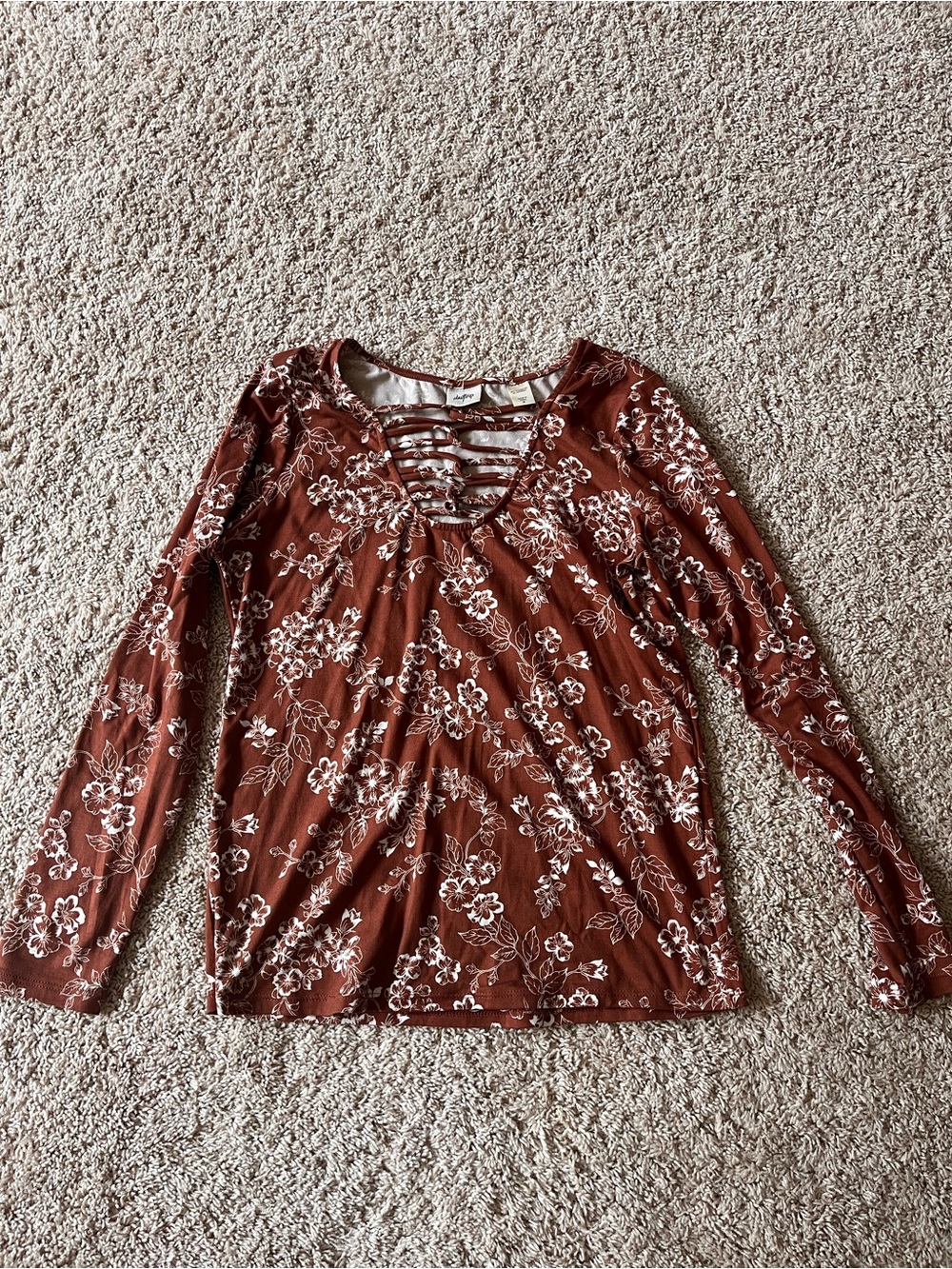 Daytrip Rust Brown Floral Lattice-Front Long Sleeve Top